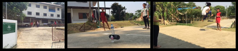 Kathy's Home / boys "bowling" with water bottles and a sandal / girl high jumping over a string